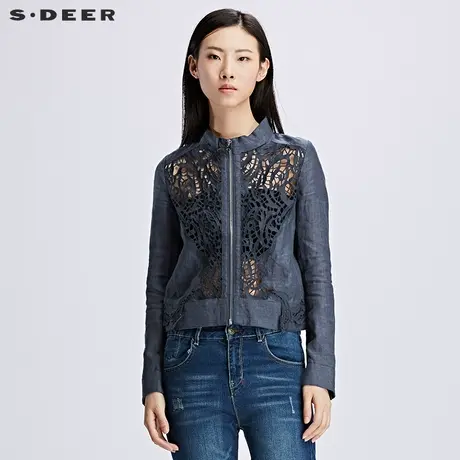 sdeer圣迪奥女2019春装学院风女镂空短款亚麻短外套S17182241图片