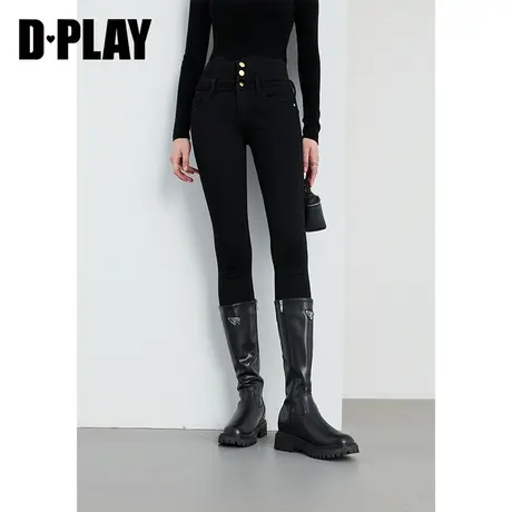 DPLAY春生图小黑裤 佰搭高腰高弹修身金属扣磨毛小脚牛仔裤女图片