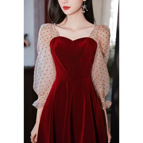 长袖敬酒服新娘2024新款酒红色结婚订婚礼服连衣裙平时可穿高级感图片