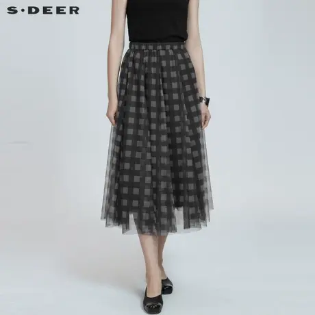 sdeer圣迪奥女夏装长裙休闲松紧格纹质感网纱长裙半身裙S21281144图片