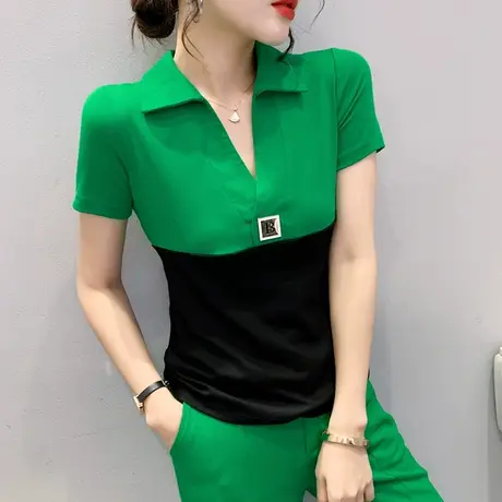 拼色短袖T恤女2023夏季新款设计感小众POLO领上衣修身显瘦小衫潮图片