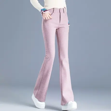 毛呢裤子女秋冬季加厚粉色格子呢子裤直筒微喇裤女长裤阔腿喇叭裤图片