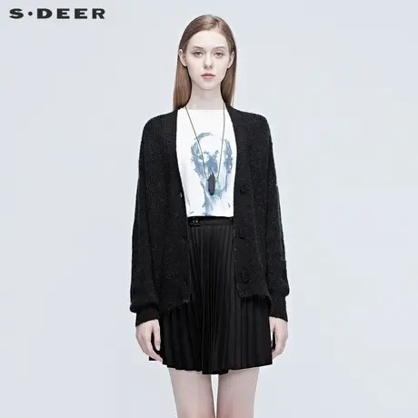 sdeer圣迪奥女装罗纹V领纯色针织衫打底衫女设计感小众S20383527图片