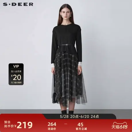 sdeer圣迪奥女装罗纹圆领蕾丝撞色网纱连衣裙S221Z1235图片