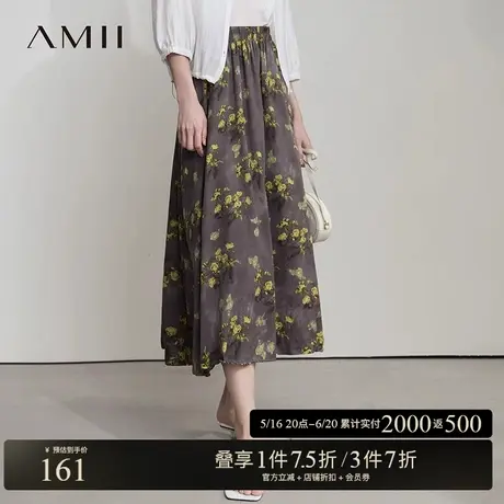 AMII【复古印花半身裙】25夏复古印花长裙压褶半身裙雪纺百褶裙图片