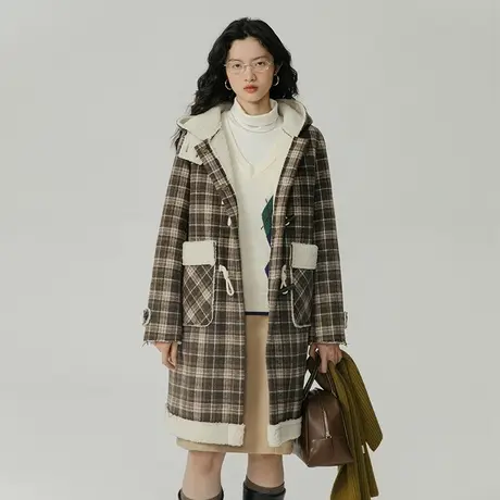 omont蛋挞家 格子牛角扣连帽大衣外套女秋冬复古羊羔毛毛呢外套图片