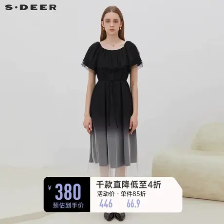 sdeer圣迪奥女装圆领网纱收腰渐变短袖连衣裙夏S222Z12Z7图片