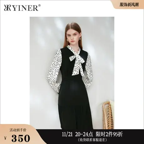 Goodland美地女装2023春季通勤撞色高级感蝴蝶结飘带连衣裙图片