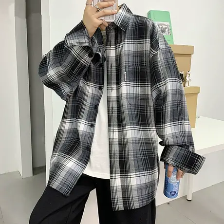 格子衬衫男长袖春秋季潮流衬衣男外套薄款港风宽松寸衫青少年衣服图片