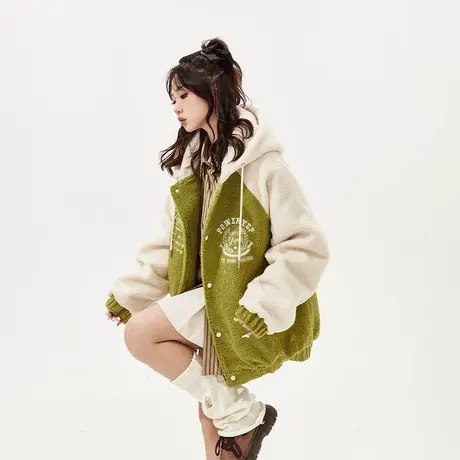 复古拼接棉服女夹棉冬季连帽加厚外套新款棉袄潮牌宽松毛毛棉衣图片