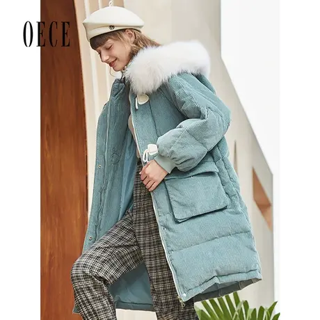 Oece冬装新款女法式大毛领连帽羽绒服中长款加厚外套图片