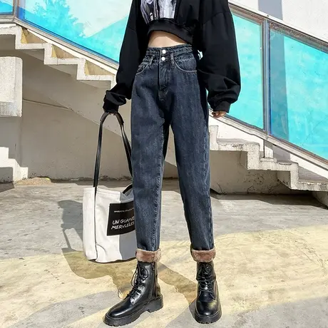 加绒加厚牛仔裤女秋冬2022年新款哈伦直筒宽松高腰显瘦百搭萝卜裤图片