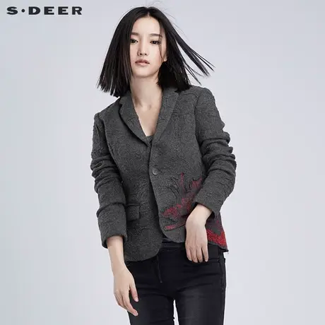 sdeer圣迪奥女2018春装灵动线迹绣花翻领休闲西装外套S16382293图片