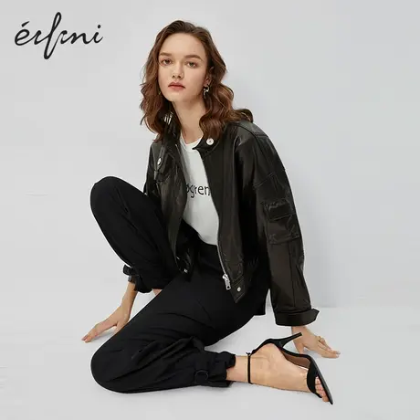 伊芙丽皮衣外套女2021年春装复古半高圆领黑色帅气机车服皮夹克图片