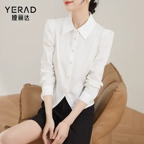 娅丽达春装白色衬衫女2024春季新款设计感小众羊腿袖棉感翻领衬衣图片