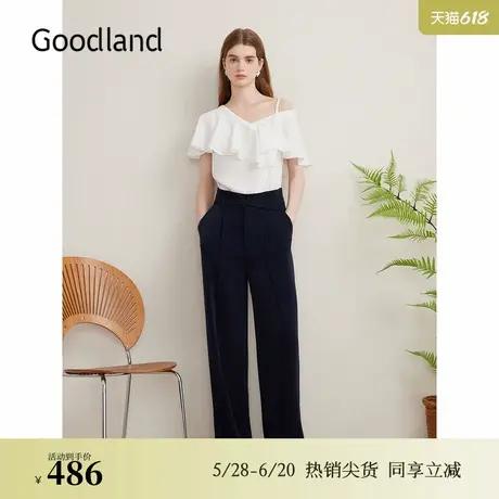 Goodland美地夏季法式高腰通勤长裤缎感肌理阔腿休闲裤图片
