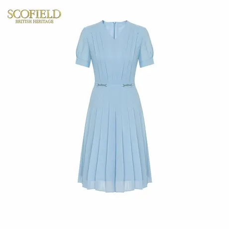 Scofield通勤V领纯色气质褶皱收腰百褶连衣裙女装夏季新款图片