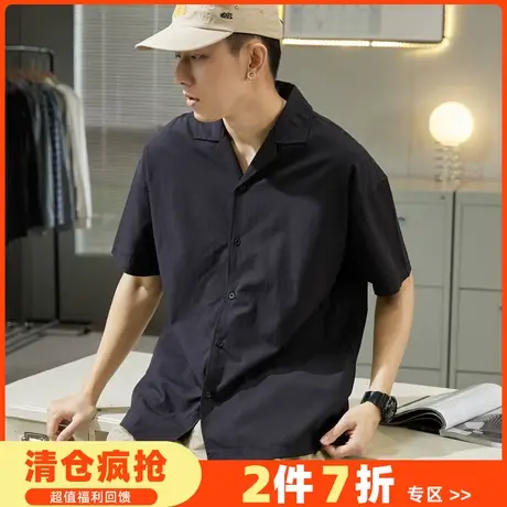 唐狮2022夏季新款衬衫男古巴领休闲短袖衬衫男宽松男士上衣潮复古商品大图