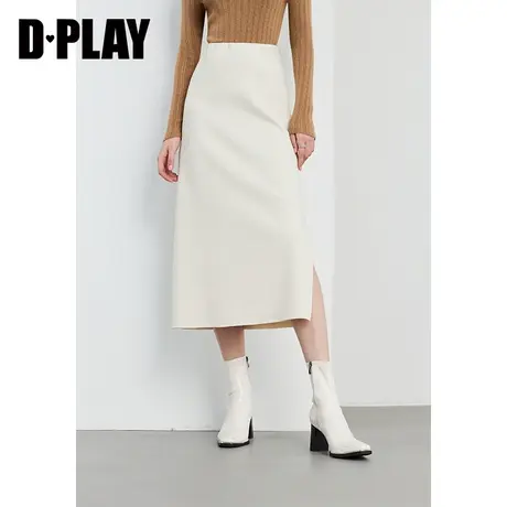 DPLAY春佰搭通勤风杏色松紧腰侧开衩弹力加绒磨毛针织半裙图片