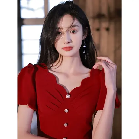 敬酒服新娘夏季红色结婚订婚礼服连衣裙回门便装平时可穿简约V领图片
