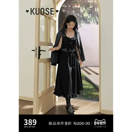 阔色黑色小香风蝴蝶结连衣裙女2024春季新款法式收腰吊带背心裙图片