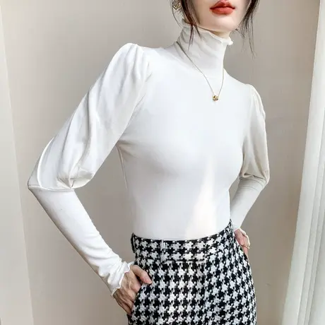 花瓣边泡泡袖纯色上衣女2023早春新款修身显瘦西装内搭高领针织衫图片