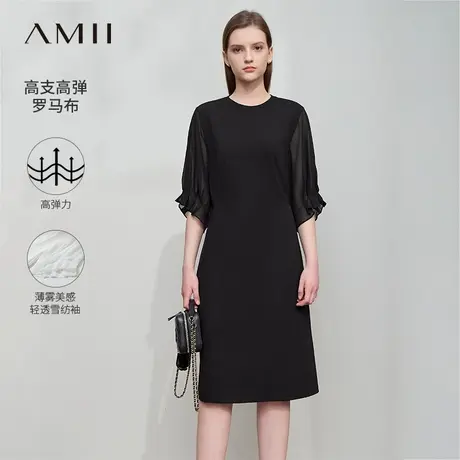 Amii2025夏新款极简撞料拼接设计薄雪纺袖弹力罗马布修身连衣裙图片