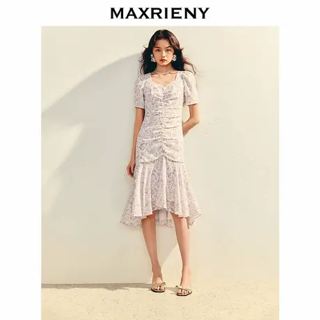 【奥莱】MAXRIENY收腰散摆紫花印花雪纺连衣裙图片