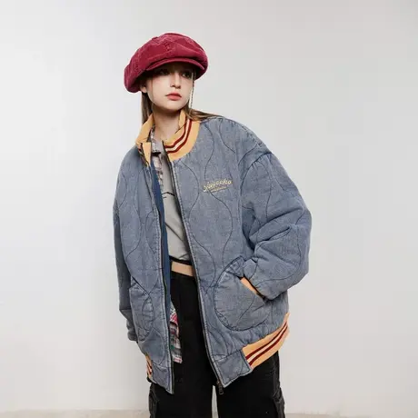 复古做旧美式棒球服棉服女冬季加厚外套2023新款拼色宽松棉衣棉袄图片