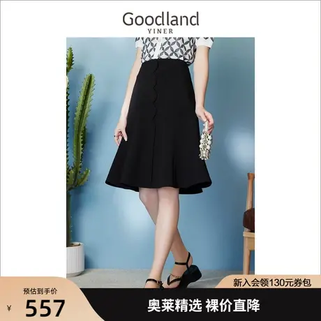 音儿美地女装2023夏季新款圆弧门襟八片式喇叭裙波浪裁剪半身裙图片