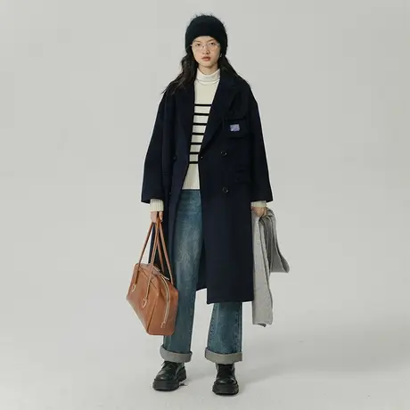 omont蛋挞家 双排扣毛呢大衣女秋冬宽松西装领中长款毛呢外套图片