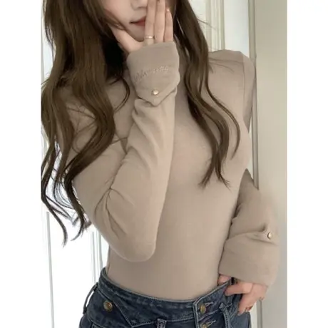 刺绣高领长袖T恤女秋冬修身韩版洋气时尚百搭德绒保暖打底衫上衣图片