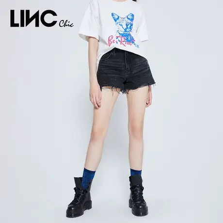 商场同款LINC金羽杰短裤女2023秋季新款水洗抽丝毛边女士牛仔裤图片