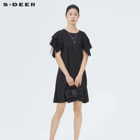 sdeer圣迪奥女装圆领波点网纱黑色短袖连衣裙S222Z122D图片