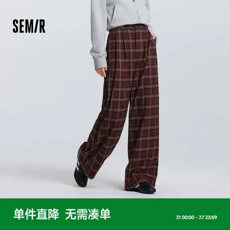 [商场同款]森马休闲裤女打褶半松紧腰长裤2025新款春季格子阔腿裤图片