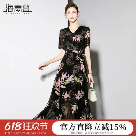 海青蓝黑色印花连衣裙女2024夏季新款气质V领减龄显瘦雪纺中长裙图片