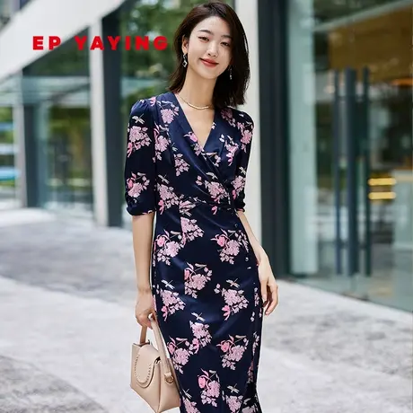 EP YAYING雅莹女装 优雅V领桑蚕丝印花连衣裙 春装商场同款4620A图片