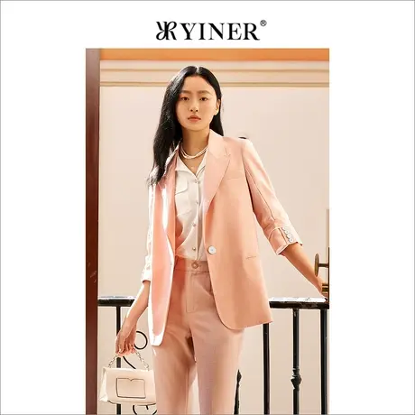YINER音儿女装春季时尚通勤一粒扣粉色西装领短外套图片