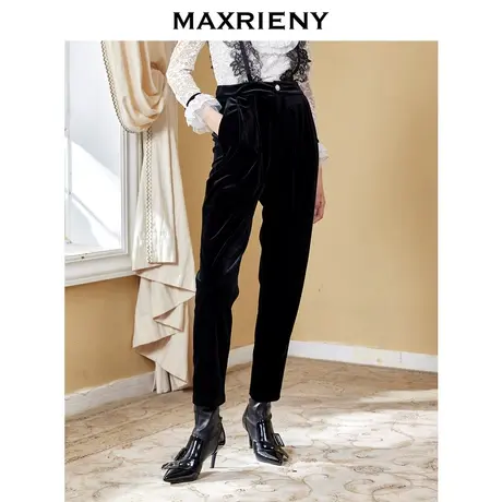 MAXRIENY复古丝绒休闲裤秋季背带九分裤设计感高腰直筒裤气质图片