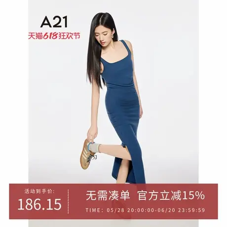 A21女装方口领露背侧开叉连衣裙2025夏季新款简约长裙压褶A字裙图片