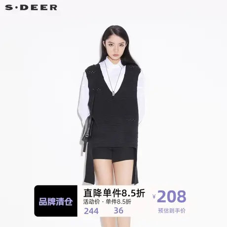 sdeer圣迪奥女装秋复古V领肌理拼接马甲羊毛针织衫S21383520图片