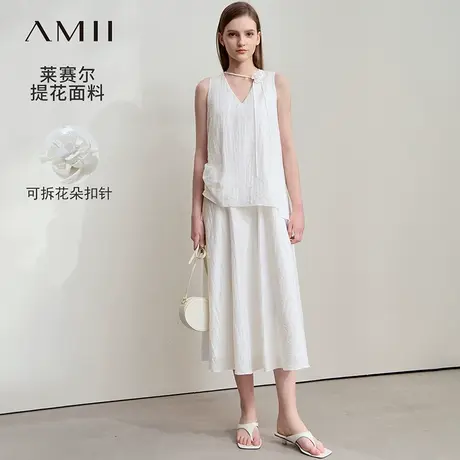 Amii2025夏新款花朵扣针V领连衣裙女不对称假两件莱赛尔提花裙子图片