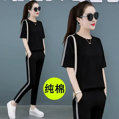纯棉运动套装女宽松夏装时尚两件套2023年新款潮妈妈休闲大码40岁图片