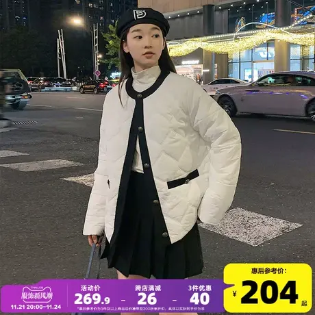 唐狮冬季新款小香风棉衣女圆领小个子菱形格轻薄棉袄外套潮图片