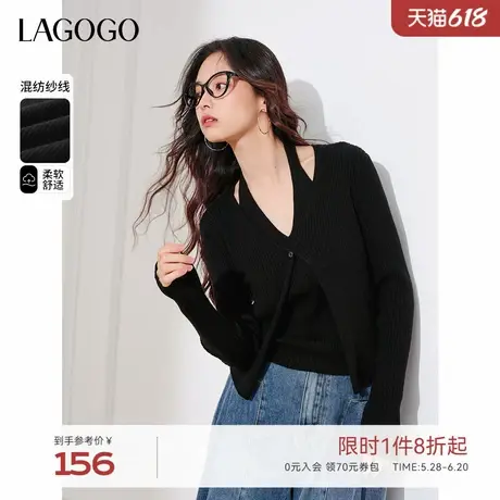LAGOGO柔软舒适假两件套挂脖毛针织衫女拉谷谷春秋新款设计感毛衣图片