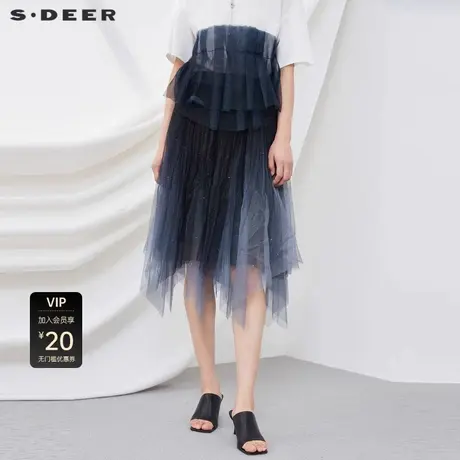 sdeer圣迪奥女装时尚松紧网纱拼接不规则A字长裙S221Z1102图片