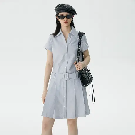 omont蛋挞家v领衬衫连衣裙女夏季2023新款复古显瘦短袖低腰百褶裙图片