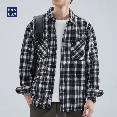 hansca格子磨毛衬衫男长袖纯棉潮流青少年秋季休闲宽松工装外套男图片
