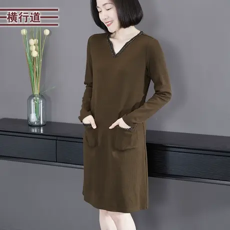 简约休闲V领织带宽松纯色长袖连衣裙女衣外穿妈妈装2025春季新款图片