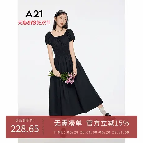 A21女装方领套头连衣裙2025夏季新款ins风长裙短袖高腰A字小黑裙图片